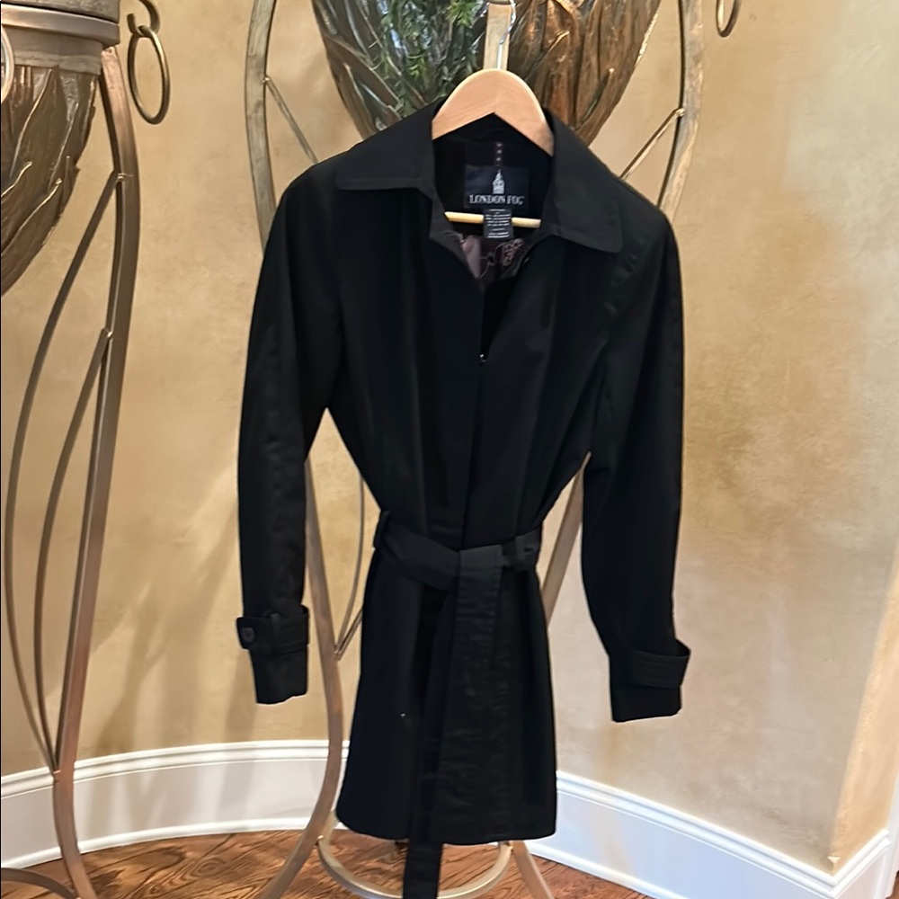 London Fog Black Trench Coat with Belted Waist and Timeless Design